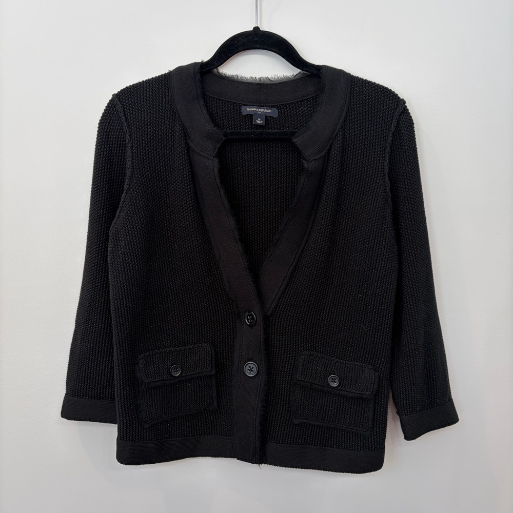 BANANA REPUBLIC WOMANS BLACK METALLIC STITCH 3/4 SLEEVE CARDIGAN SWEATER Size M